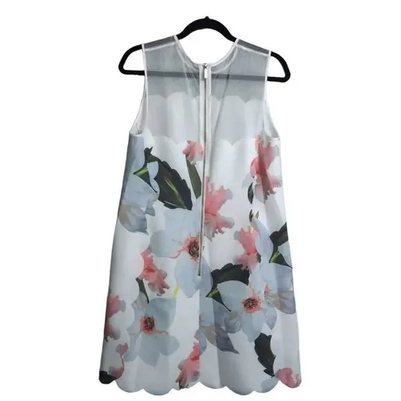 TED BAKER Caprila Bloom Scalloped Dress White Pink Blue Floral A Line Shift 4 (U - Picture 3 of 10